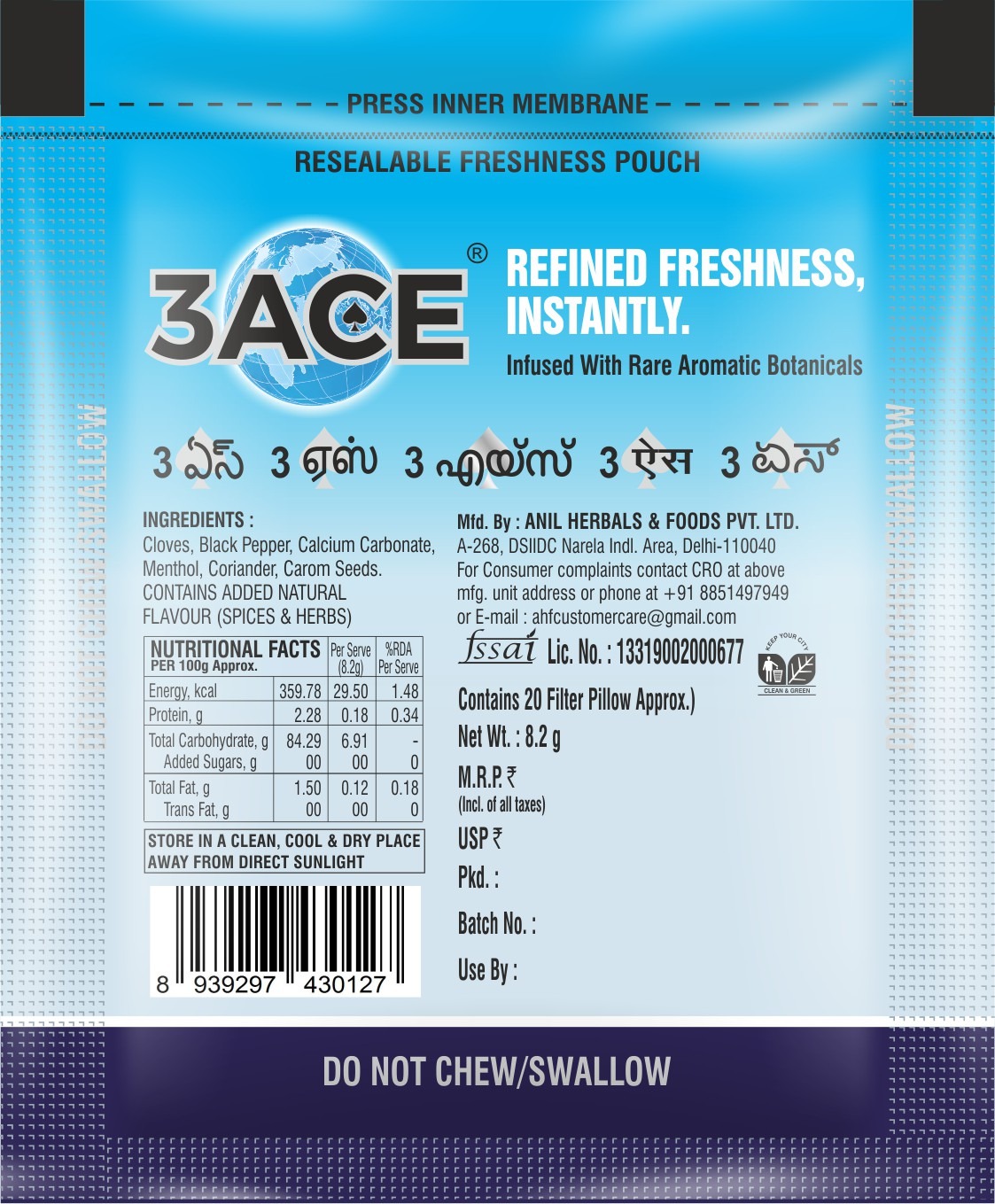 3ACE Mouth Chill pouch back — ingredients, nutritional facts and certifications
